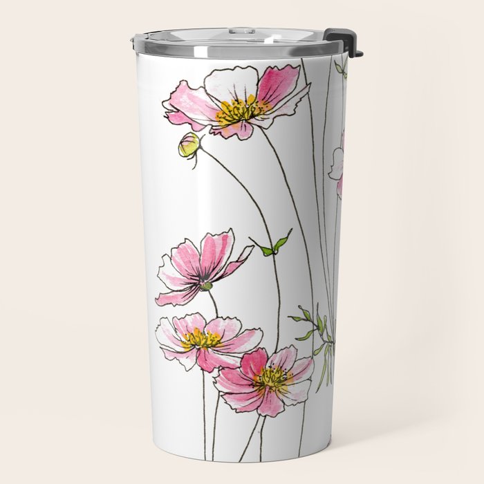 Pink Cosmos Flowers Travel Mug Gallery Image 2