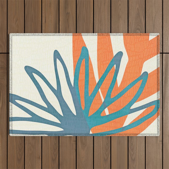 Mid Century Nature Print / Teal and Orange Outdoor Rug Gallery Image 1