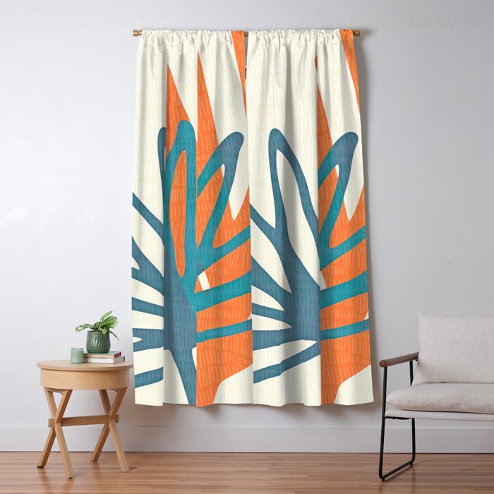 Mid Century Nature Print / Teal and Orange Window Curtain Gallery Image 1