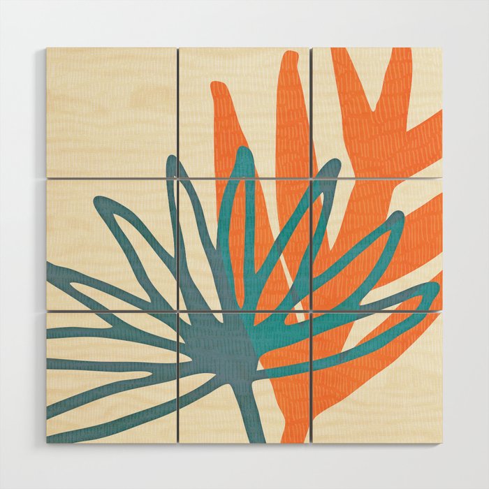 Mid Century Nature Print / Teal and Orange Wood Wall Art Gallery Image 1