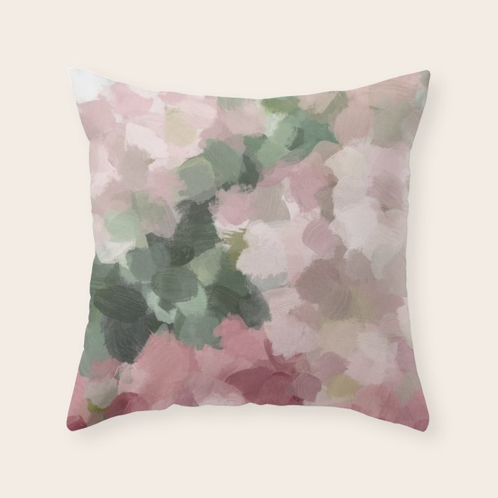 Blurry Bouquet - Forest Green Fuchsia Blush Dark Pink Abstract Flower Nature Painting Art Print Throw Pillow Gallery Image 1