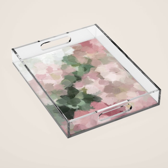 Blurry Bouquet - Forest Green Fuchsia Blush Dark Pink Abstract Flower Nature Painting Art Print Acrylic Tray Gallery Image 1