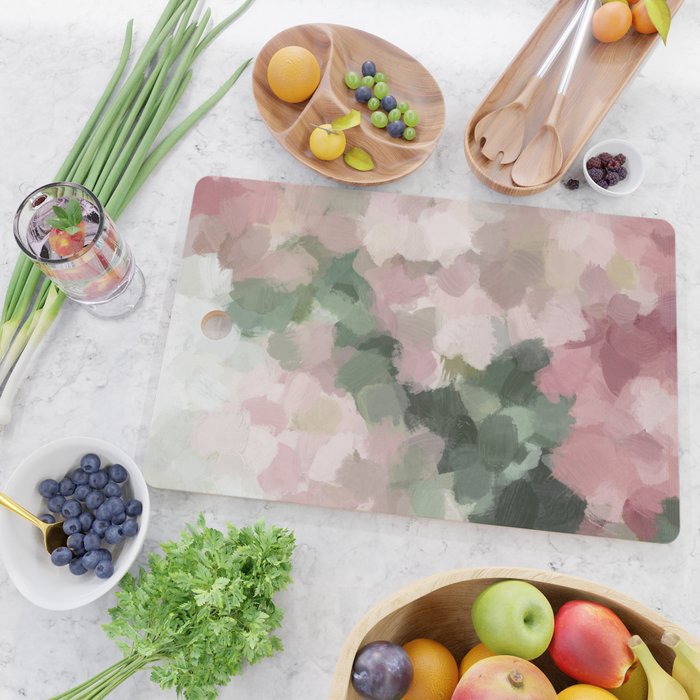 Blurry Bouquet - Forest Green Fuchsia Blush Dark Pink Abstract Flower Nature Painting Art Print Cutting Board Gallery Image 2