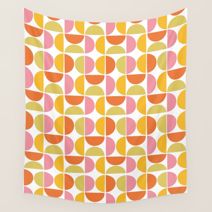 Mid Century Modern Pink Red Green Orange Geometric Wall Tapestry Gallery Image 1