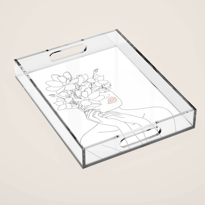 Minimal Line Art Woman with Magnolia Acrylic Tray Gallery Image 1