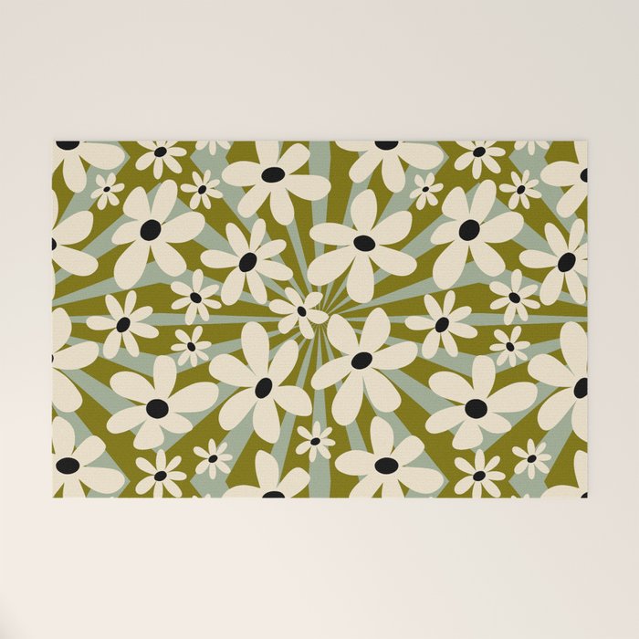 Retro Psychedelic Daisy Flower - Green Color Welcome Mat Gallery Image 1