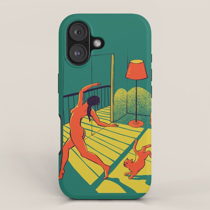 Dancing with the cat | Moody sunset light and shadows Aesthetic Green room Naked dance Femme Fatale  iPhone Case Gallery Image 1