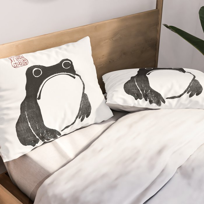 Cute Grumpy Frog Vintage Japanese Woodblock Print Pillow Sham Gallery Image 2