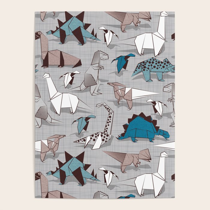 Origami dino friends // grey linen texture blue dinosaurs Poster Gallery Image 1