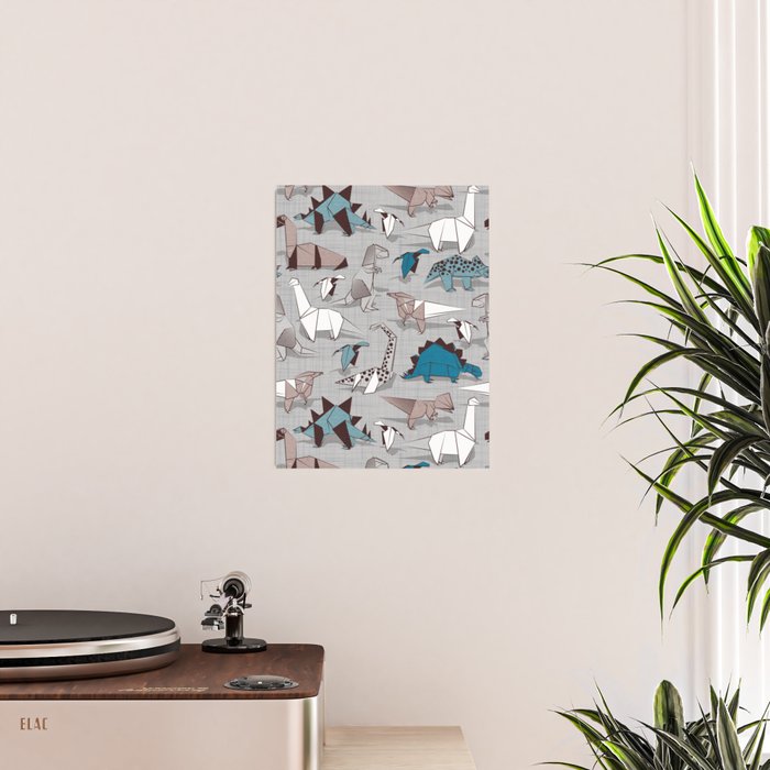 Origami dino friends // grey linen texture blue dinosaurs Poster Gallery Image 2