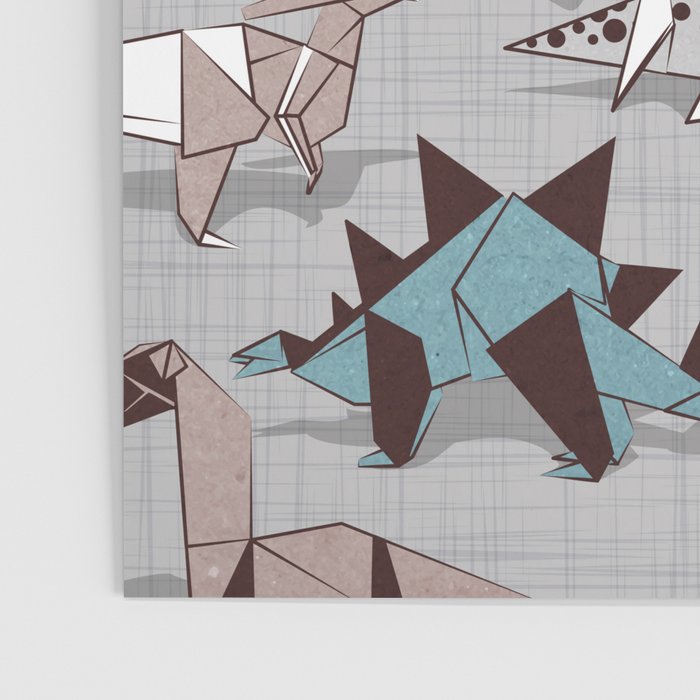 Origami dino friends // grey linen texture blue dinosaurs Poster Gallery Image 3