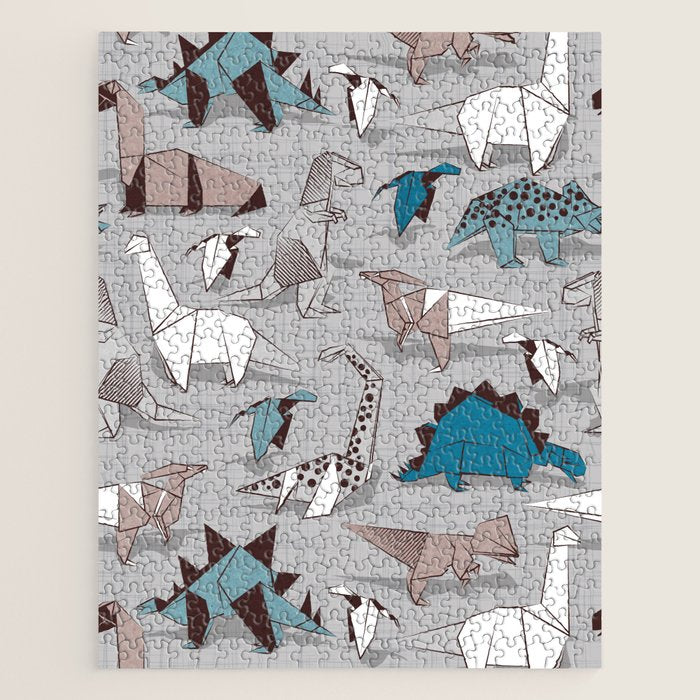 Origami dino friends // grey linen texture blue dinosaurs Jigsaw Puzzle Gallery Image 1
