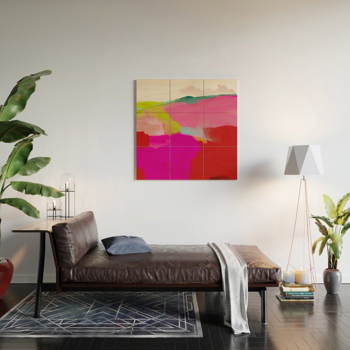 landscape in red with pink abstract art Wood Wall Art Gallery Image 2