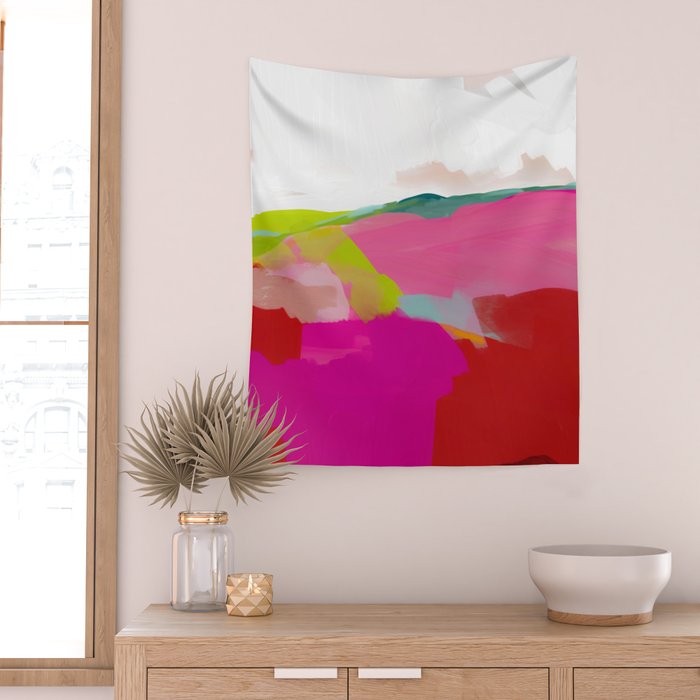 landscape in red with pink abstract art Wall Tapestry Gallery Image 2