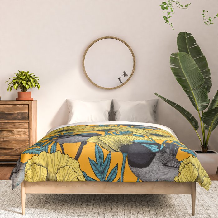 Fairy wren and poppies in yellow Comforter Gallery Image 3