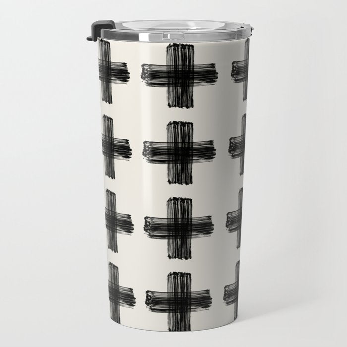 Hand Painted Swiss Cross Pattern - Black on Beige Travel Mug Gallery Image 3