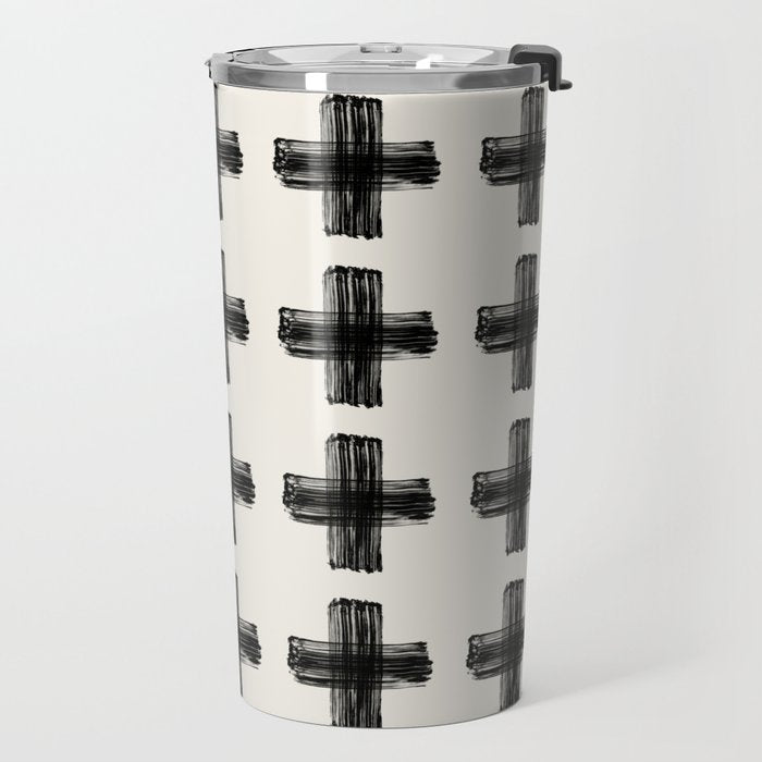 Hand Painted Swiss Cross Pattern - Black on Beige Travel Mug Gallery Image 2