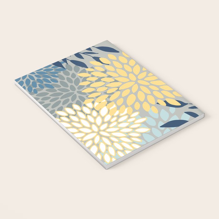 Festive, Floral Prints and Leaves, Yellow, Gray, Navy Blue, Teal Notebook Gallery Image 3