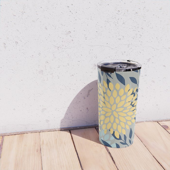 Festive, Floral Prints and Leaves, Yellow, Gray, Navy Blue, Teal Travel Mug Gallery Image 4