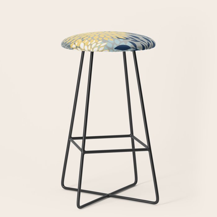 Festive, Floral Prints and Leaves, Yellow, Gray, Navy Blue, Teal Stool Gallery Image 1
