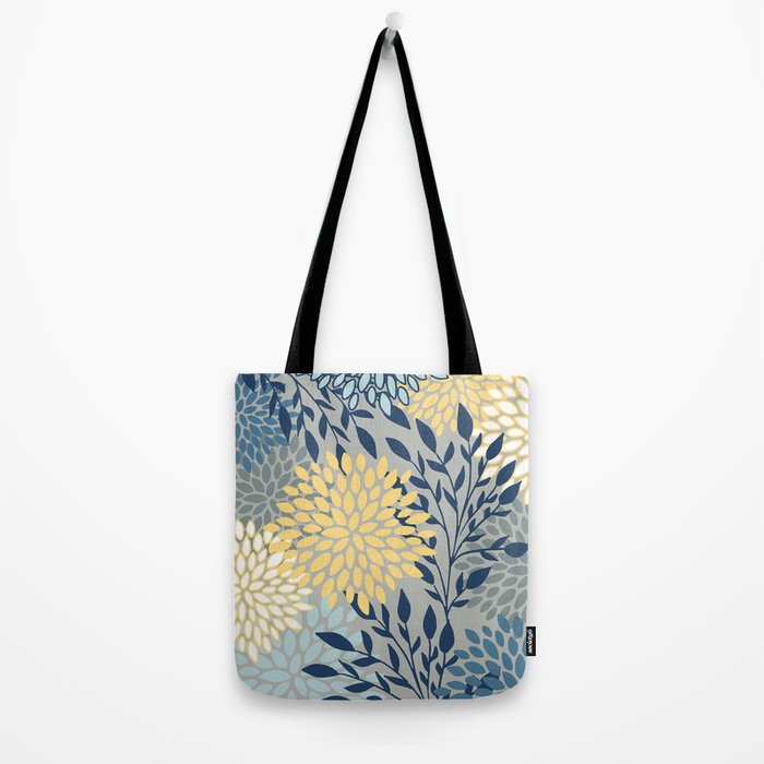 Festive, Floral Prints and Leaves, Yellow, Gray, Navy Blue, Teal Tote Bag Gallery Image 2