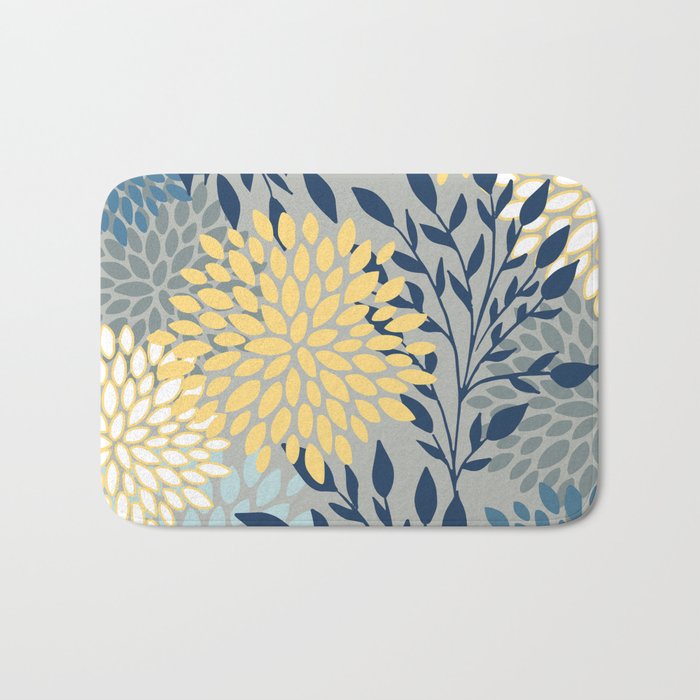 Festive, Floral Prints and Leaves, Yellow, Gray, Navy Blue, Teal Bath Mat Gallery Image 1