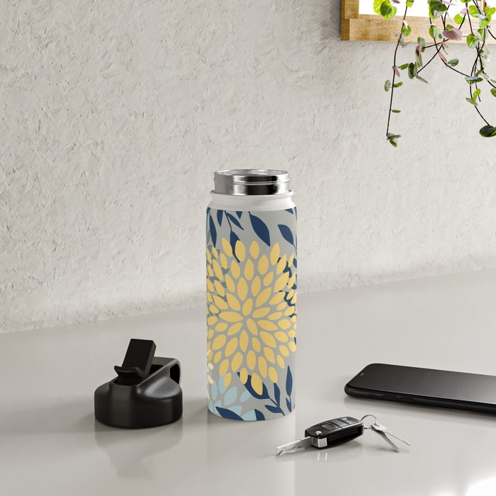 Festive, Floral Prints and Leaves, Yellow, Gray, Navy Blue, Teal Water Bottle Gallery Image 4