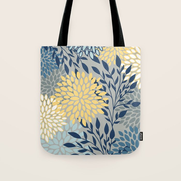 Festive, Floral Prints and Leaves, Yellow, Gray, Navy Blue, Teal Tote Bag Gallery Image 1