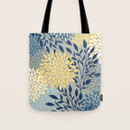 Festive, Floral Prints and Leaves, Yellow, Gray, Navy Blue, Teal Tote Bag Gallery Image 1