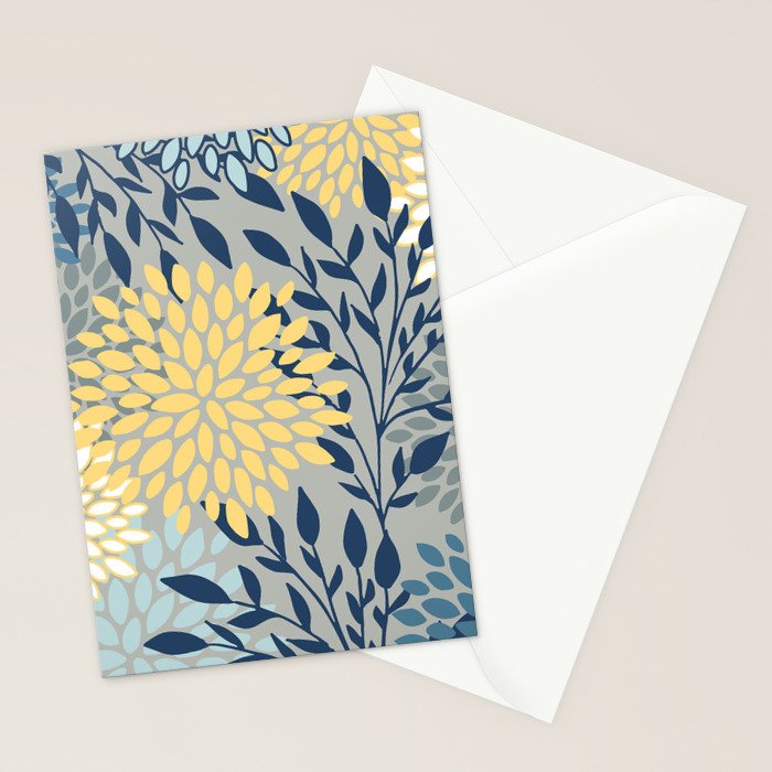 Festive, Floral Prints and Leaves, Yellow, Gray, Navy Blue, Teal Stationery Card Gallery Image 2