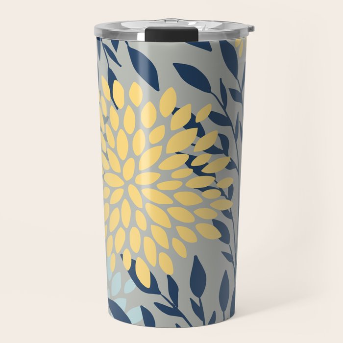 Festive, Floral Prints and Leaves, Yellow, Gray, Navy Blue, Teal Travel Mug Gallery Image 1
