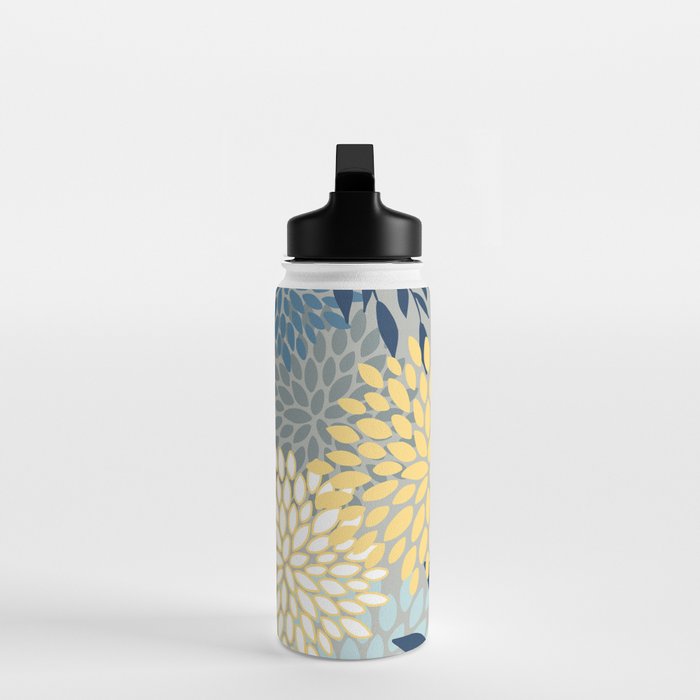 Festive, Floral Prints and Leaves, Yellow, Gray, Navy Blue, Teal Water Bottle Gallery Image 3