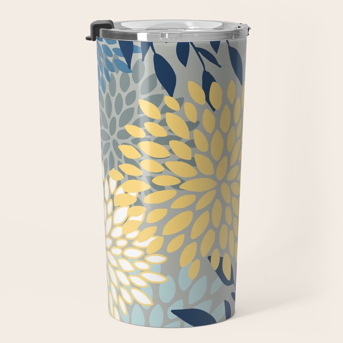Festive, Floral Prints and Leaves, Yellow, Gray, Navy Blue, Teal Travel Mug Gallery Image 3