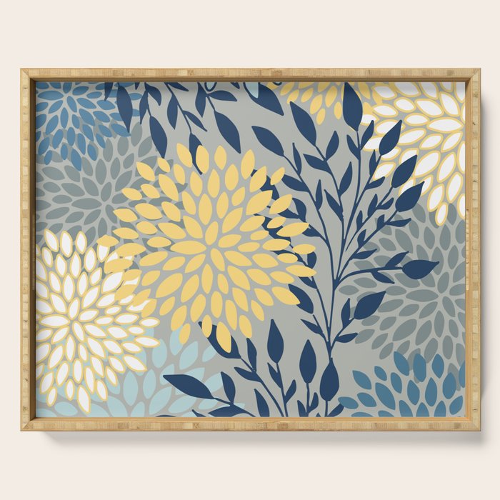 Festive, Floral Prints and Leaves, Yellow, Gray, Navy Blue, Teal Serving Tray Gallery Image 1
