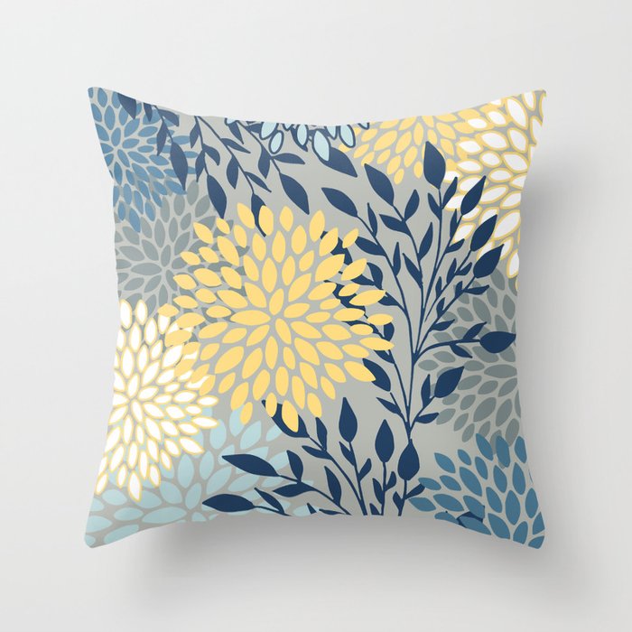 Festive, Floral Prints and Leaves, Yellow, Gray, Navy Blue, Teal Throw Pillow Gallery Image 6