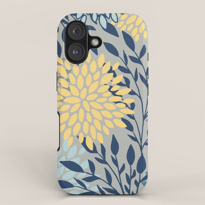 Festive, Floral Prints and Leaves, Yellow, Gray, Navy Blue, Teal iPhone Case Gallery Image 1