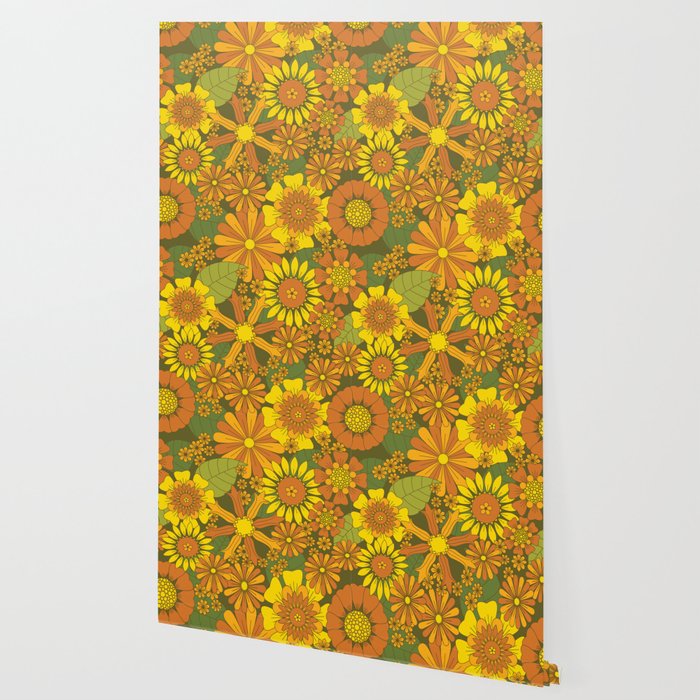Orange, Brown, Yellow and Green Retro Daisy Pattern Wallpaper Gallery Image 2