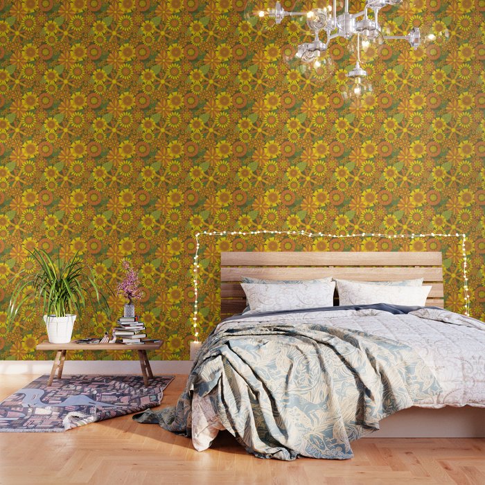 Orange, Brown, Yellow and Green Retro Daisy Pattern Wallpaper Gallery Image 3