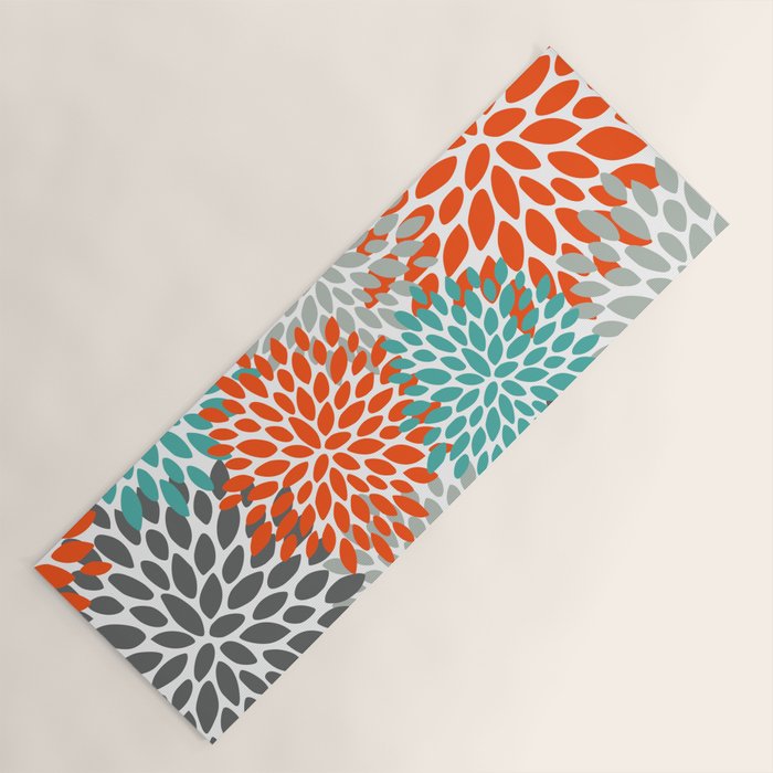 Floral Pattern, Abstract, Orange, Teal and Gray Yoga Mat Gallery Image 1