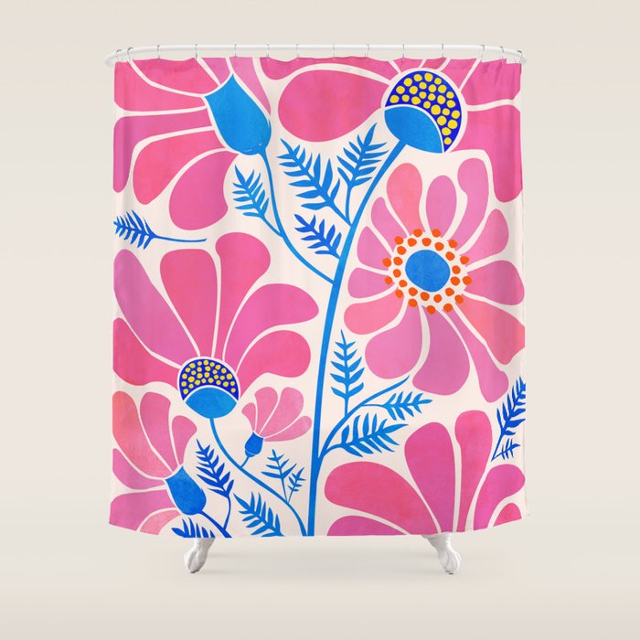 Pink Wildflowers - Floral Illustration Shower Curtain Gallery Image 1