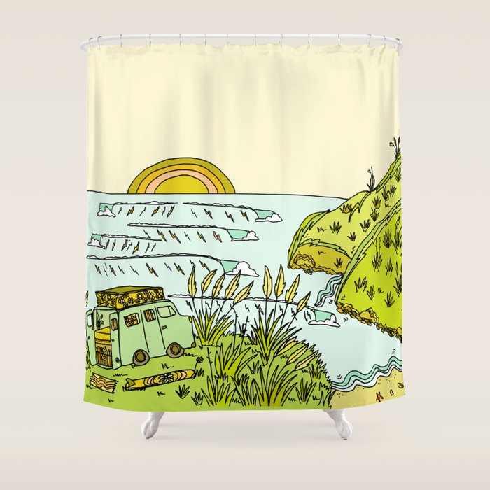 home is where you park it // wandering in new zealand // retro surf art by surfy birdy Shower Curtain Gallery Image 1