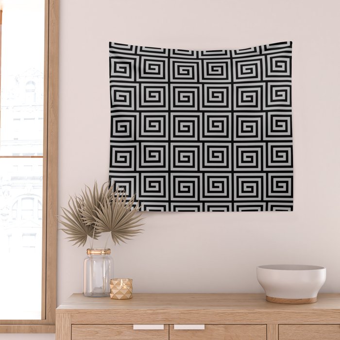 Greek Key Pattern Black and Gray Wall Tapestry Gallery Image 2