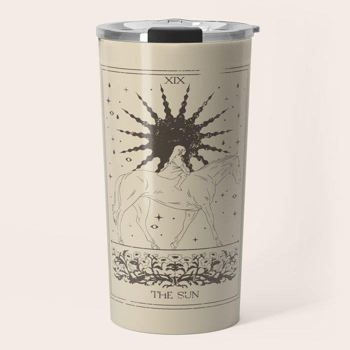 The Sun Card, Sun girl and horse print, Major Arcana, Divination, Magic girl Travel Mug Gallery Image 1