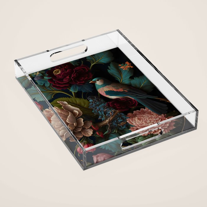 Vintage Bird and Dark Floral Print Acrylic Tray Gallery Image 1