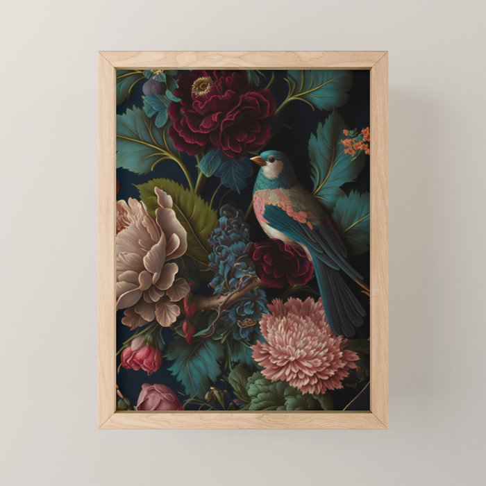 Vintage Bird and Dark Floral Print Mini Art Print Gallery Image 1