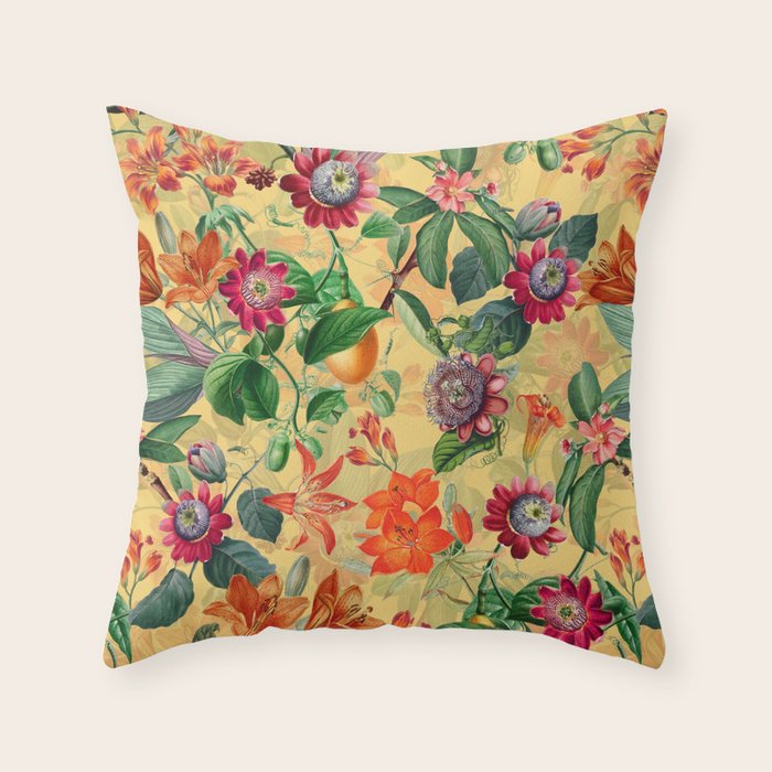 Exotic Sunny Vintage Passionflower Garden Throw Pillow Gallery Image 1