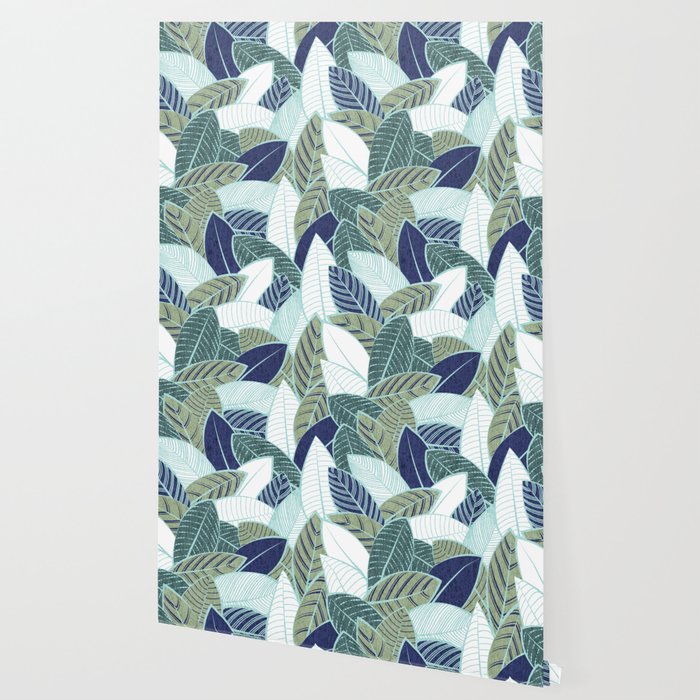 Leaf wall // navy blue pine and sage green leaves mint lines Wallpaper Gallery Image 2