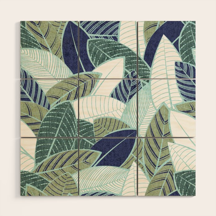 Leaf wall // navy blue pine and sage green leaves mint lines Wood Wall Art Gallery Image 1