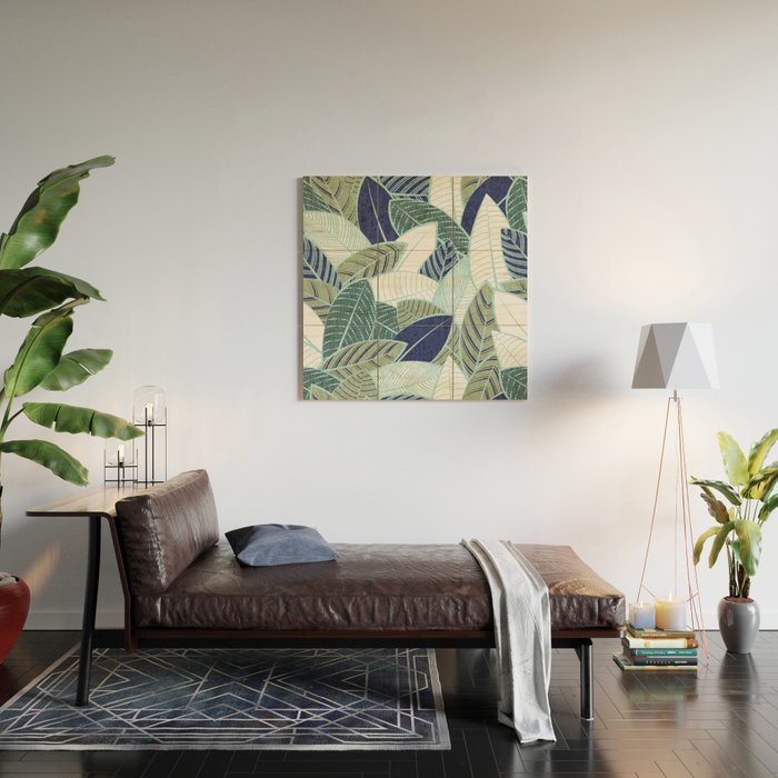 Leaf wall // navy blue pine and sage green leaves mint lines Wood Wall Art Gallery Image 2