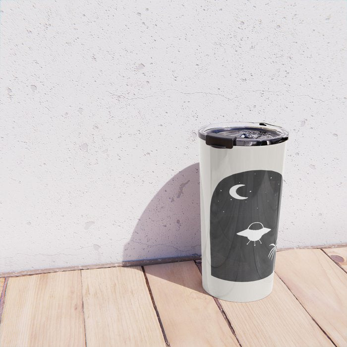 Ancient Alien Visitor Black White Minimalist Line Drawing Paper Collage by Ejaaz Haniff Travel Mug Gallery Image 4